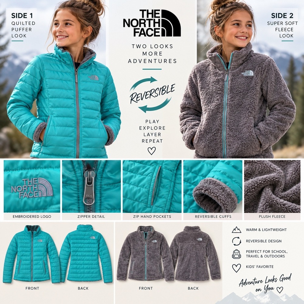 The North Face Kids Reversible Puffer Jacket Aqua Gray Fleece Insulated Large